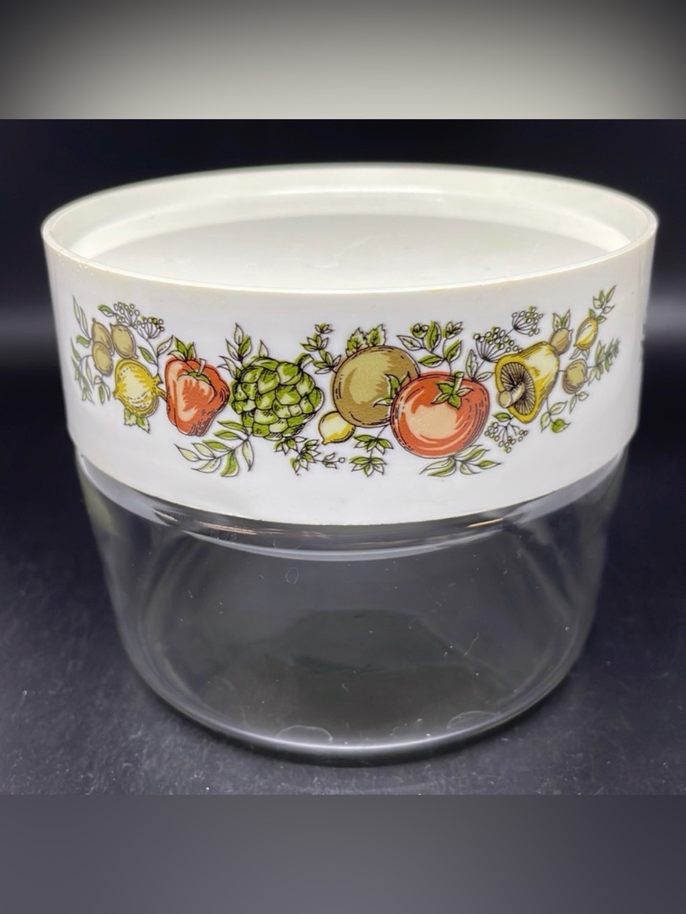 Vintage 70’s Spice of Life Pyrex vegetable print See n Store glass canister